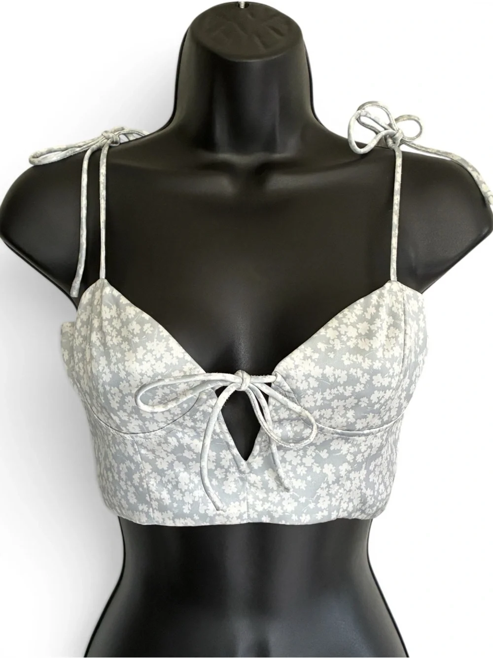 White Fox Ditsy Floral Tie-Front Light Blue Bralette - Size XS